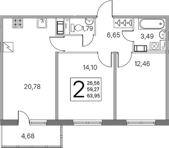 2-комнатная квартира 59.27 м², 4/5 эт., ЖК «ЮгТаун. Олимпийские кварталы»